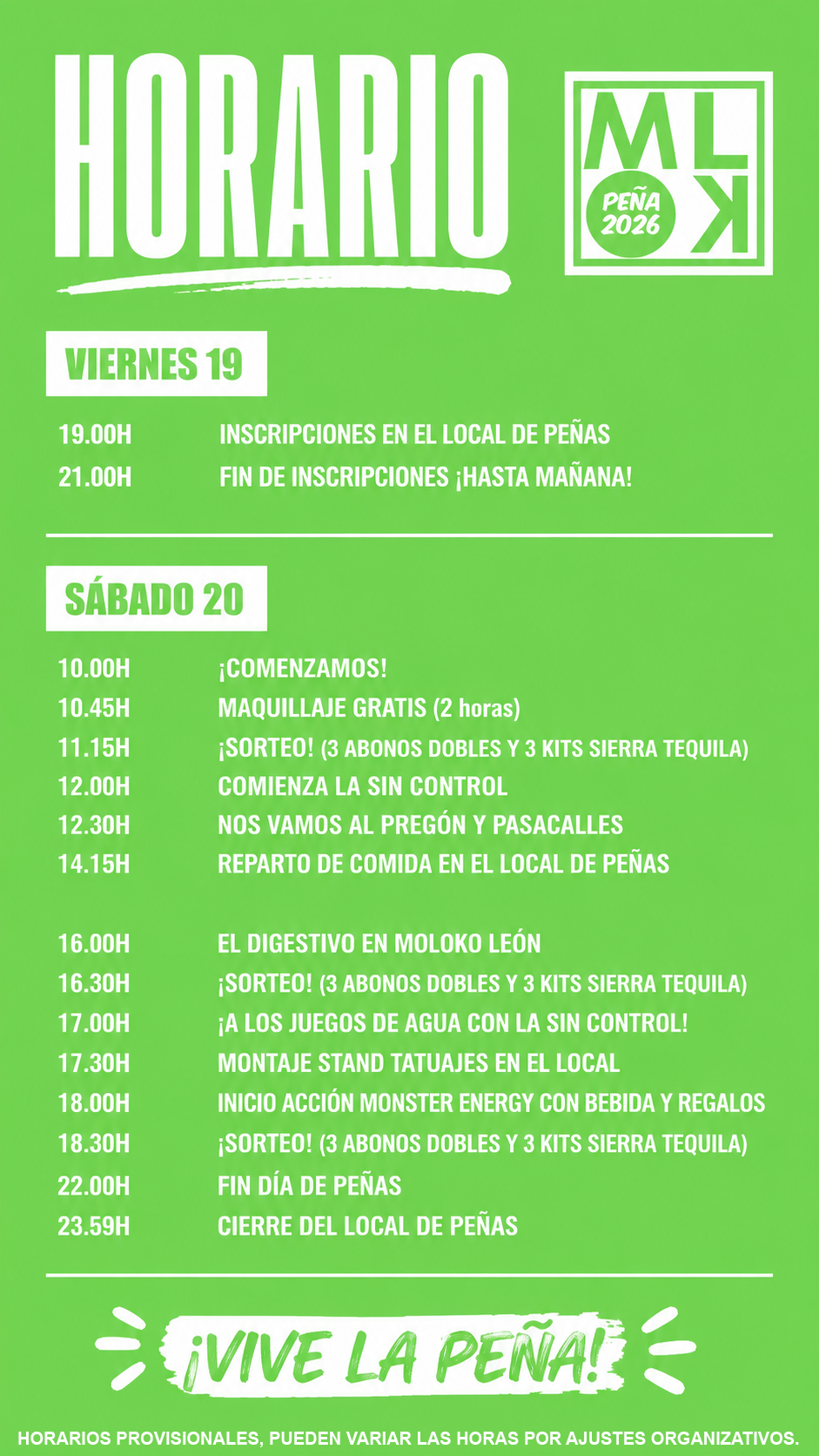 HORARIO DE LA PEÑA  MOLOKO 2026